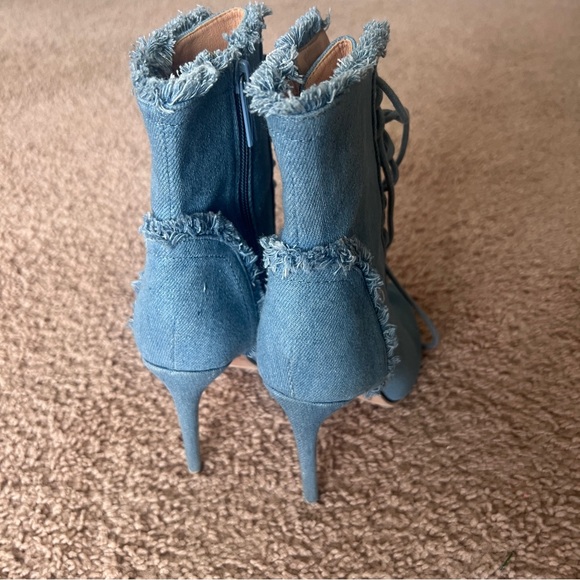 Women's Frayed Denim Peep Toe Stiletto Booties  Lace Up Size 6 - Picture 4 of 14